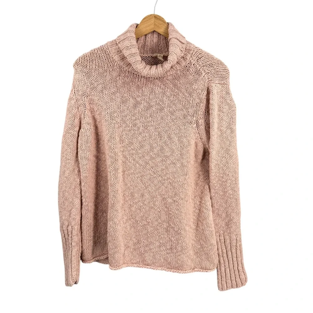 Eileen Fisher Organic Cotton Turtleneck Sweater Rose Pink Chunky Knit Size Large